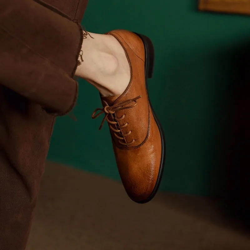 Round Toe Soft Oxford Shoes Lace Up Leather Derby Shoes for Women in Black/Brown Trail Oxfords