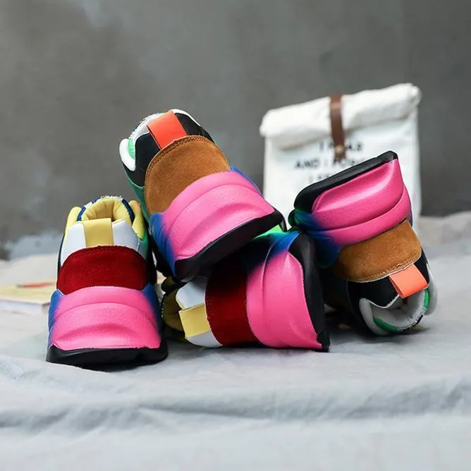 Women fashion colorful lace up slip on platform sneakers Cartoon Sneakers