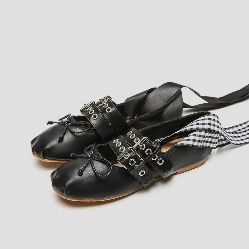 2023 Spring Summer Brand Design Women Flat Shoes Ankle Strap Ballet Flats Women Round Toe Buckle Loafers Women Bowtie Shoes Outlet Loafers
