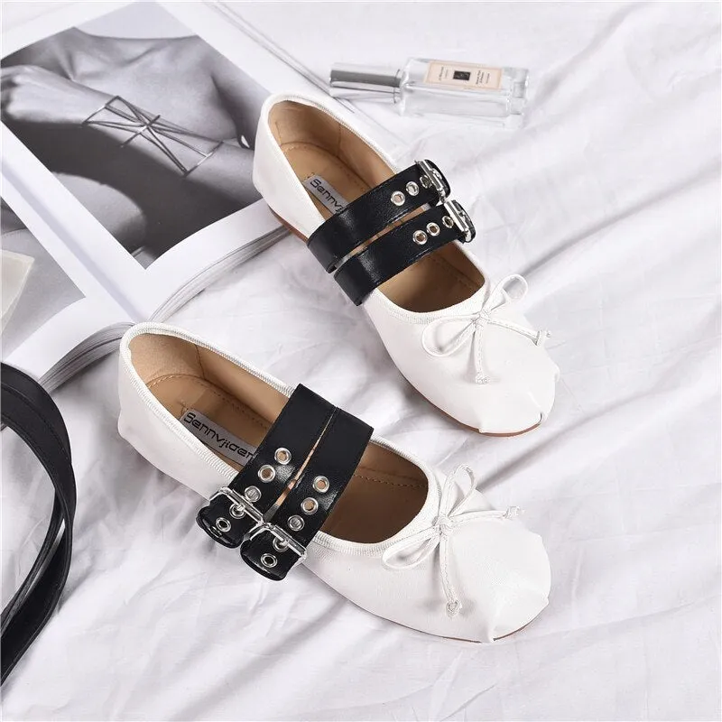 2023 Spring Summer Brand Design Women Flat Shoes Ankle Strap Ballet Flats Women Round Toe Buckle Loafers Women Bowtie Shoes Best Quality Loafers
