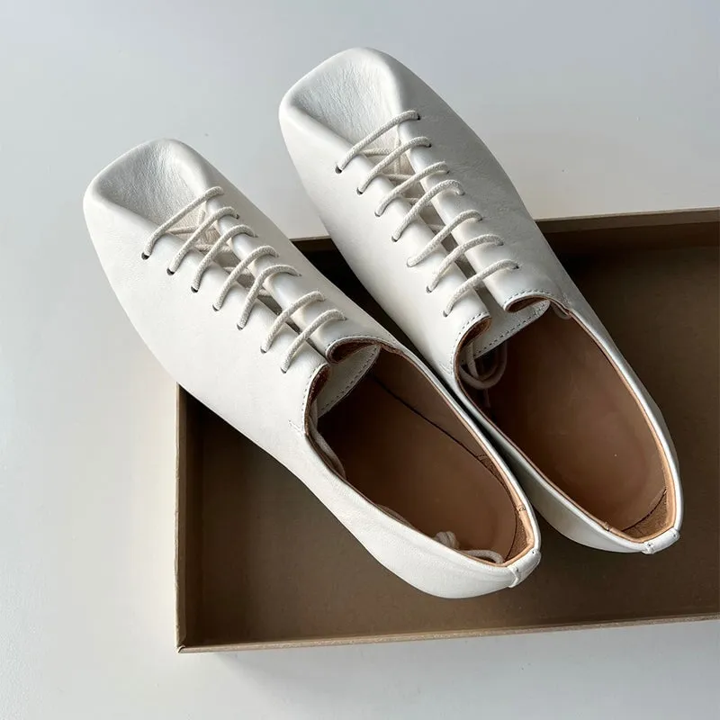 Oxfords Leather Breathable Casual Dress Shoes Slouchy Square-Toe Lace-Up Lambskin Derby Flats/Mid Heels  Black/Beige