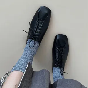 Metro Oxfords Slouchy Square-Toe Lace-Up Lambskin Derby Flats/Mid Heels  Black/Beige