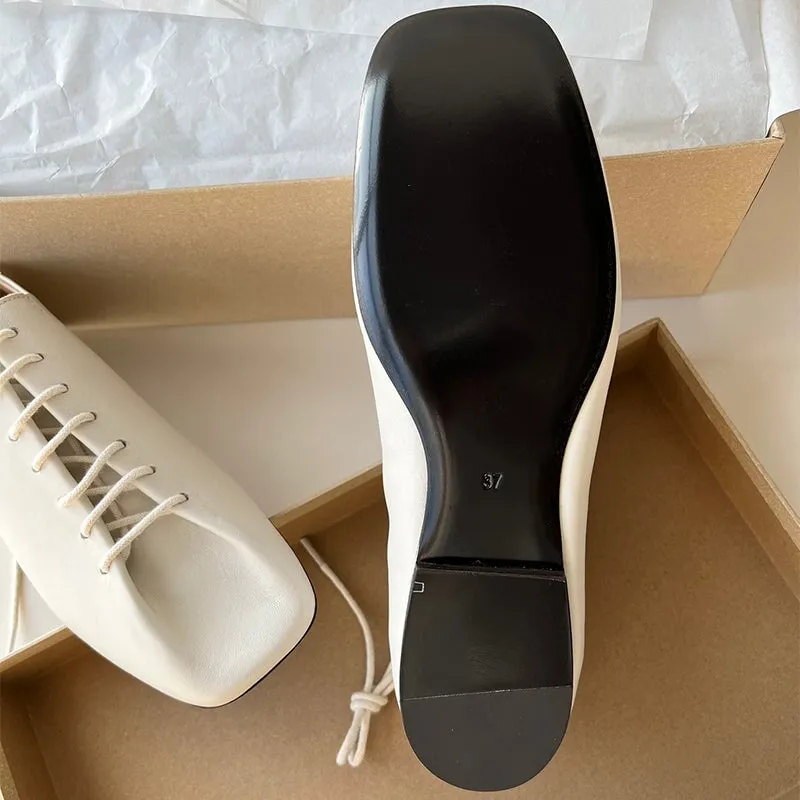 Male Oxfords Slouchy Square-Toe Lace-Up Lambskin Derby Flats/Mid Heels  Black/Beige