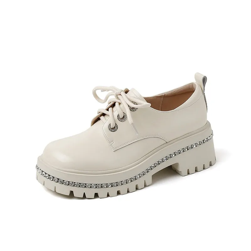 Women Round Toe Lace Up Chunky Derby Shoes Crystal-embellishment in White/Black Plain Balmoral Oxfords