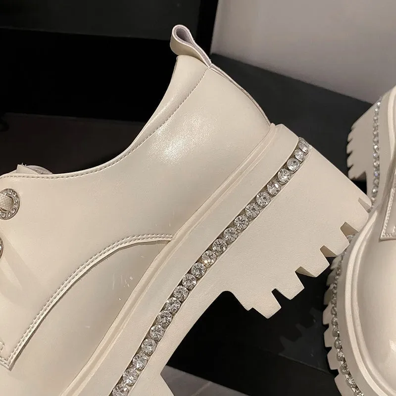 Best Leather Oxfords Women Round Toe Lace Up Chunky Derby Shoes Crystal-embellishment in White/Black