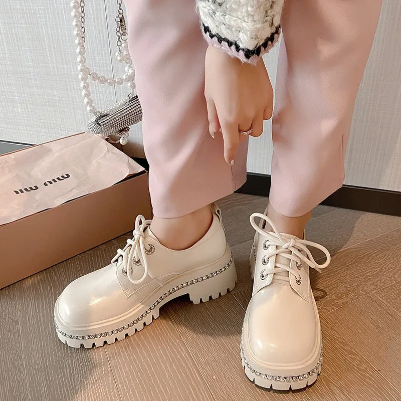 Women Round Toe Lace Up Chunky Derby Shoes Crystal-embellishment in White/Black Zavala Lo Oxfords