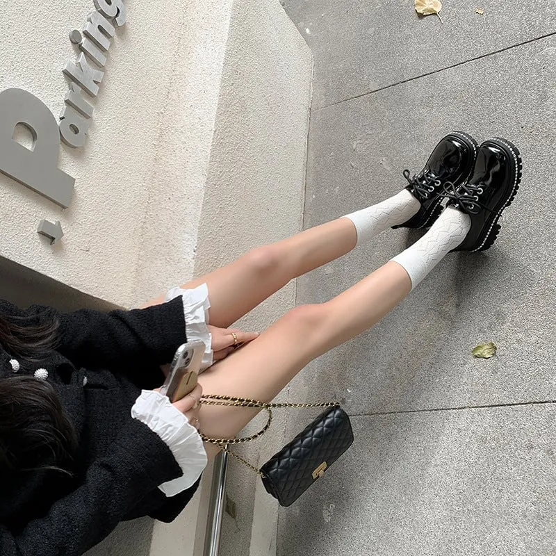 Women Round Toe Lace Up Chunky Derby Shoes Crystal-embellishment in White/Black Slip On Oxford