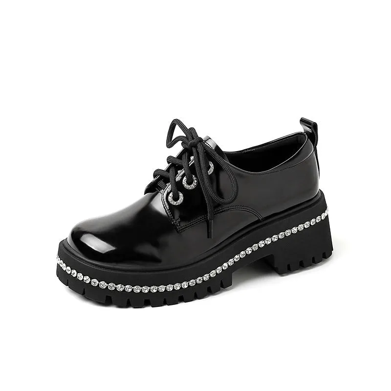 Oxford Shoes Heels Women Round Toe Lace Up Chunky Derby Shoes Crystal-embellishment in White/Black