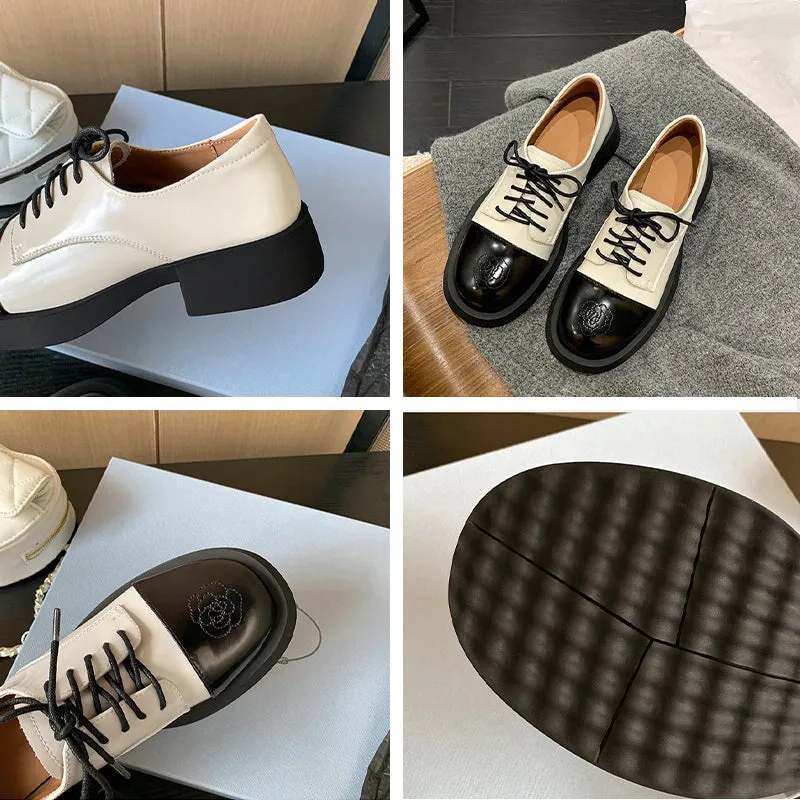 Cheetah Oxfords Women Round Toe Lace Up Chunky Derby Shoes Genuine Leather Contrast Color