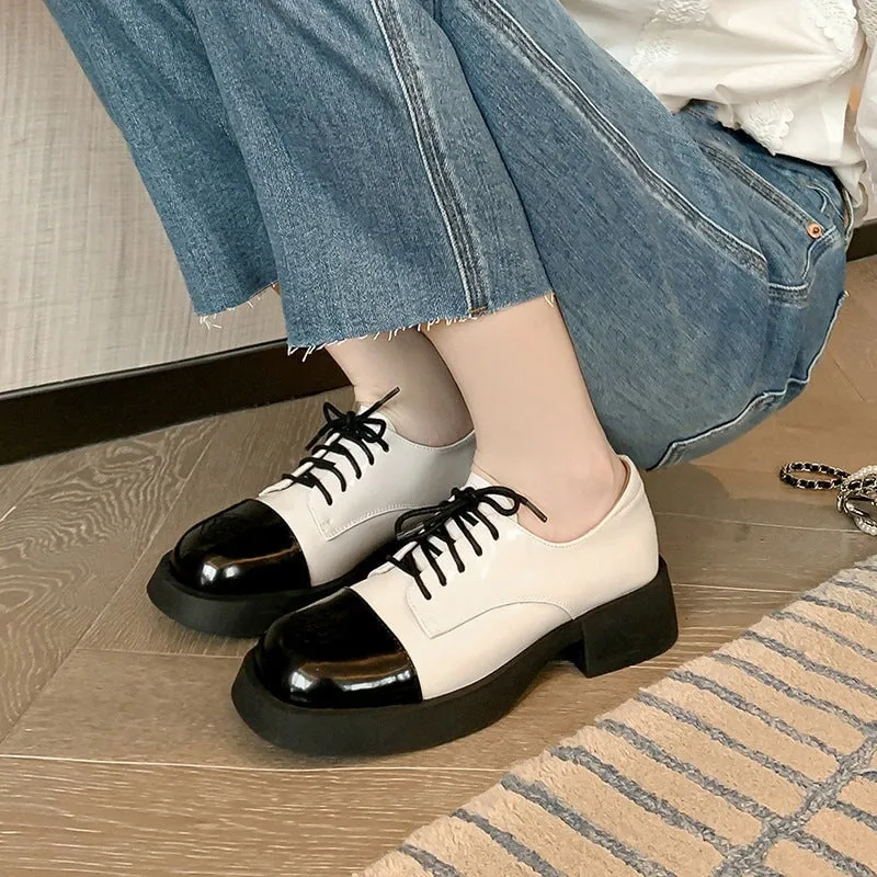Women Round Toe Lace Up Chunky Derby Shoes Genuine Leather Contrast Color 8053 Vintage Smooth Leather Oxford Shoes