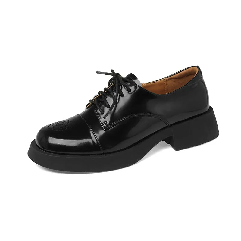 Women Round Toe Lace Up Chunky Derby Shoes Genuine Leather Contrast Color Oxfords Clothing