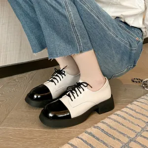 Women Round Toe Lace Up Chunky Derby Shoes Genuine Leather Contrast Color Lace Up Oxfords