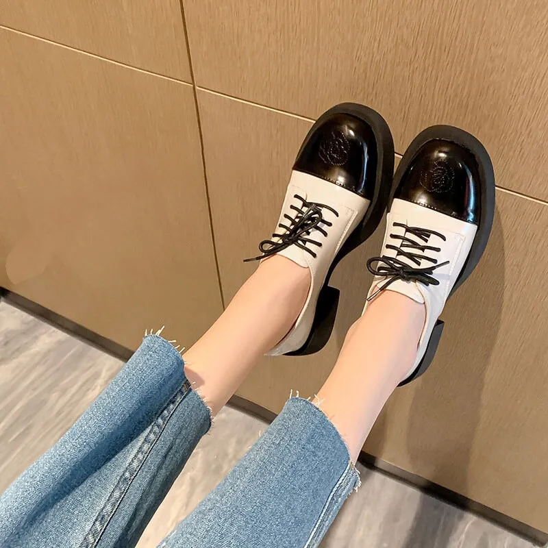 Oxfords With Skinny Jeans Women Round Toe Lace Up Chunky Derby Shoes Genuine Leather Contrast Color