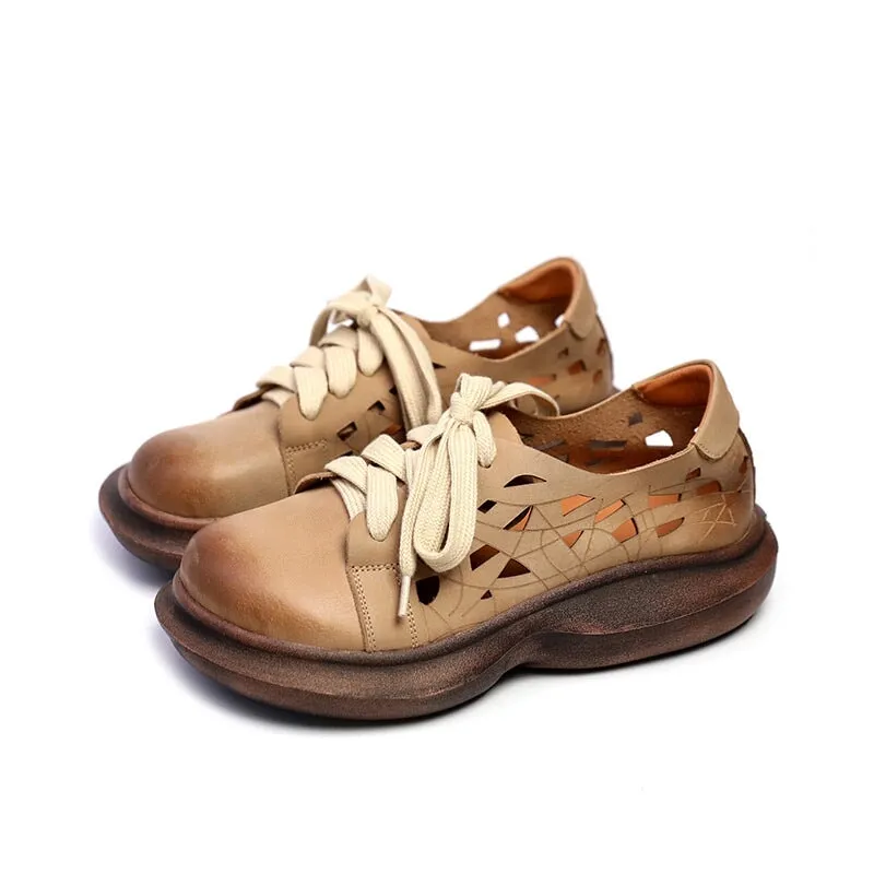 Soft Leather Lace-Up Casual Shoes Retro Platform Oxfords in Beige/Coffee Desert Oxfords
