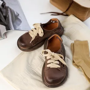 Shoes Oxford Style Soft Leather Lace-Up Casual Shoes Retro Platform Oxfords in Beige/Coffee