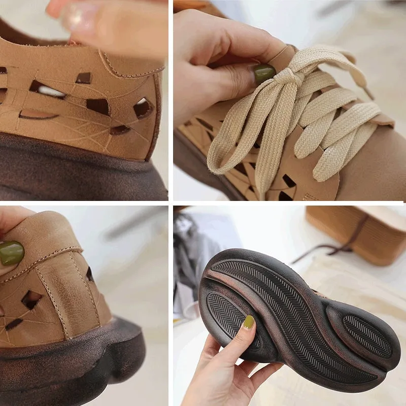 Oxford Brogue Soft Leather Lace-Up Casual Shoes Retro Platform Oxfords in Beige/Coffee