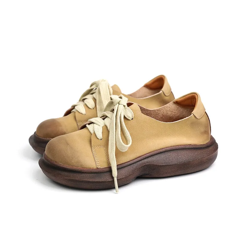 Oxford Masters Gown Soft Leather Lace-Up Casual Shoes Retro Platform Oxfords in Beige/Coffee