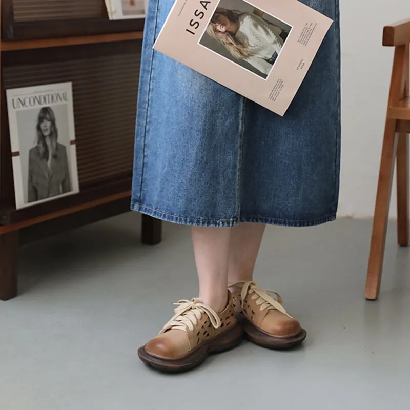 Berkshire Lug Sole Oxfords Soft Leather Lace-Up Casual Shoes Retro Platform Oxfords in Beige/Coffee