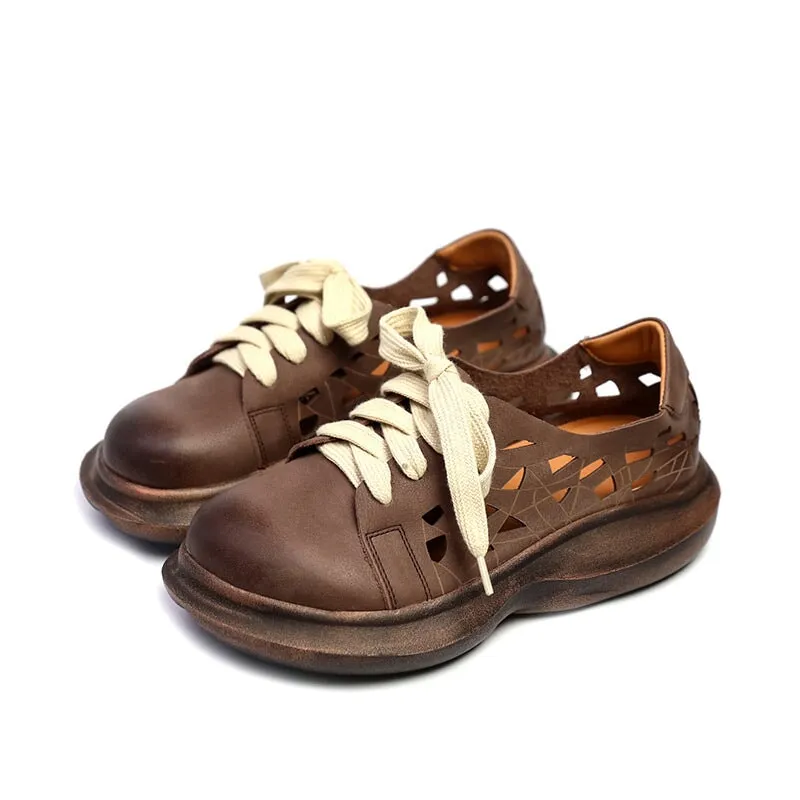 Zerogrand Oxfords Soft Leather Lace-Up Casual Shoes Retro Platform Oxfords in Beige/Coffee