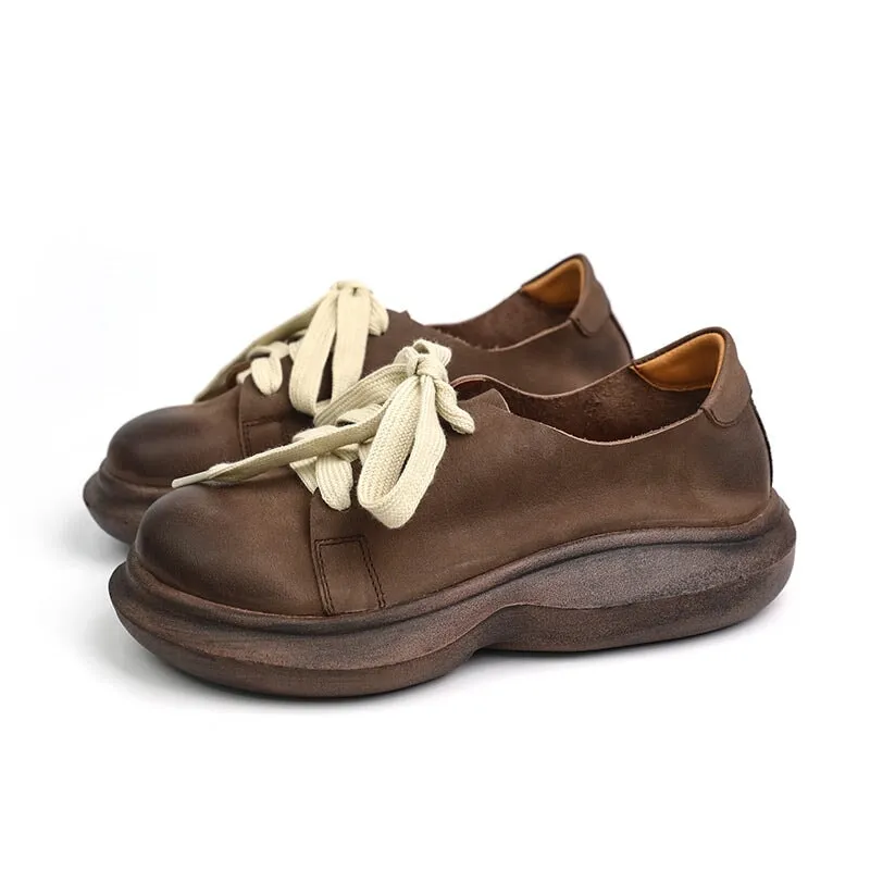 Soft Leather Lace-Up Casual Shoes Retro Platform Oxfords in Beige/Coffee Square Toe Oxford