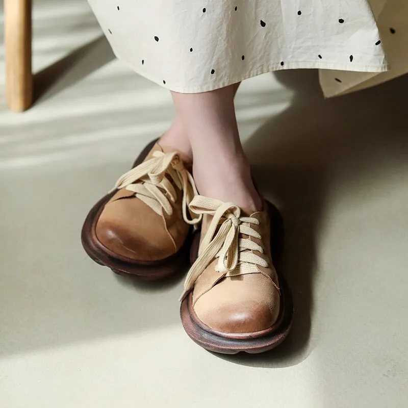 Soft Leather Lace-Up Casual Shoes Retro Platform Oxfords in Beige/Coffee Leather Closed Laced Oxfords