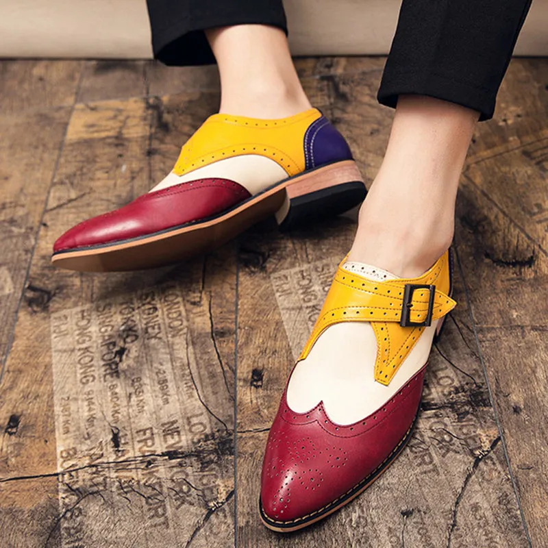 Loafers Temu Men's color block wing tip carved monk shoes