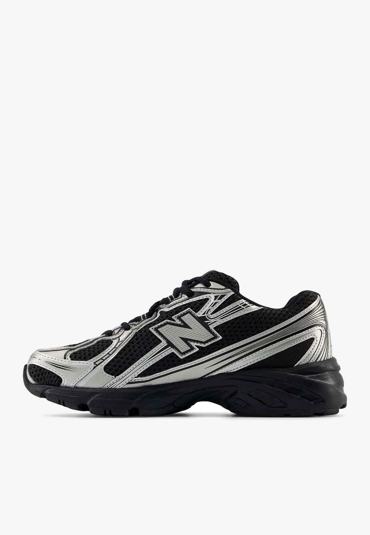 740 Low-Top Sneakers in Black with Silver Metallic Shoe Inserts New Balance