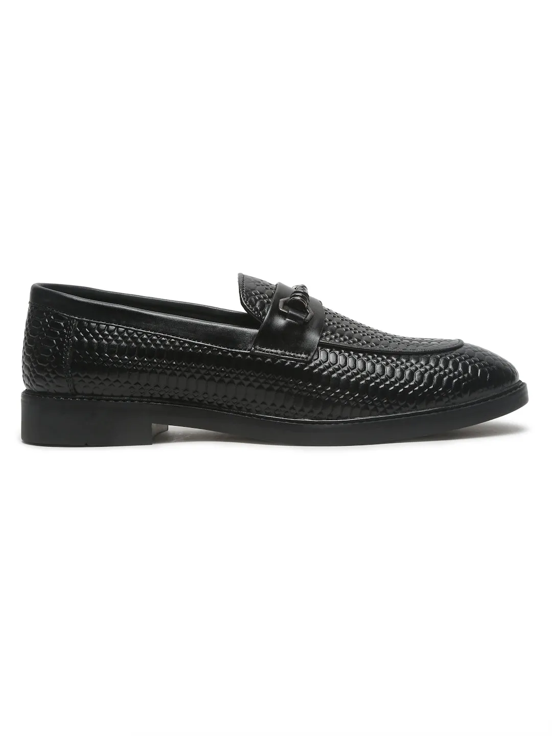 Men's Black Texture Patterned Leather Loafers L V Loafers