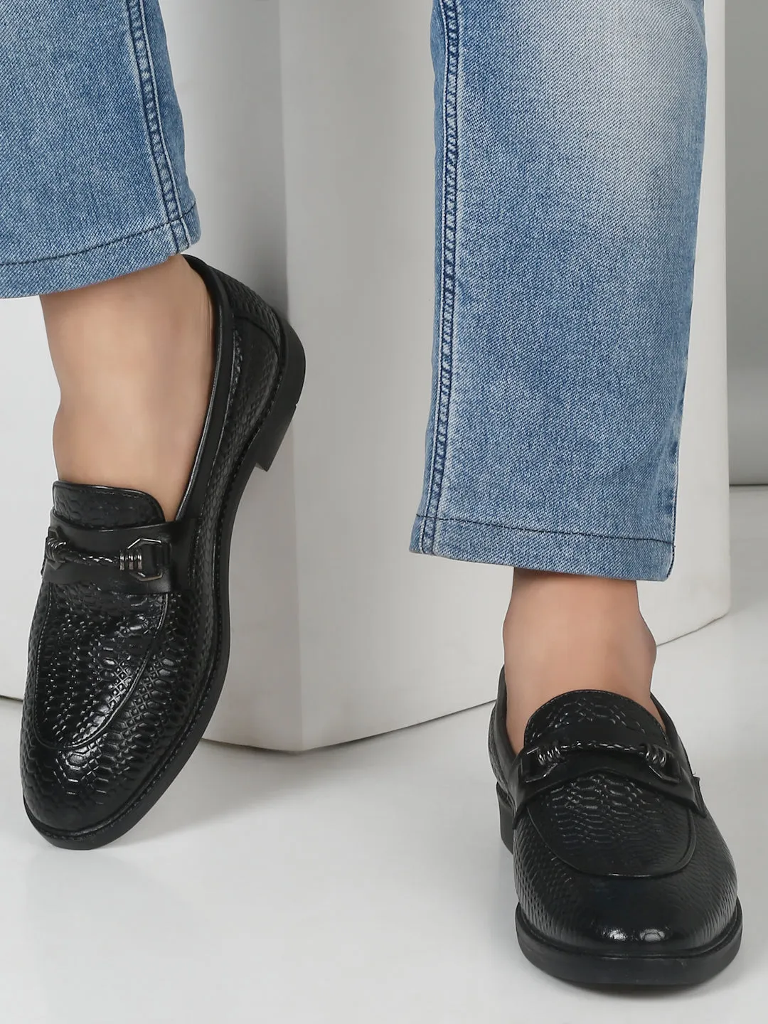 Men's Black Texture Patterned Leather Loafers Denise Loafers