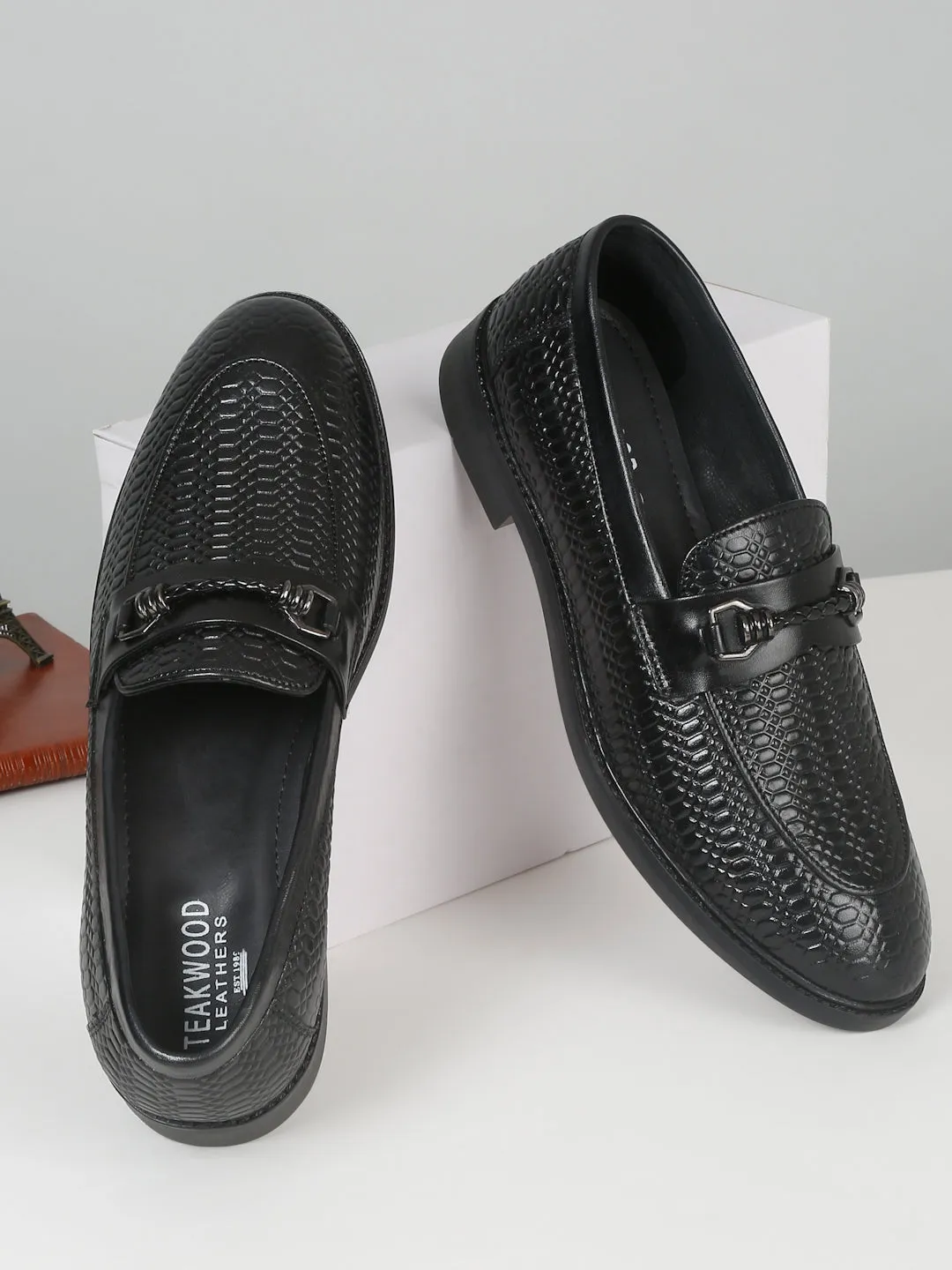 Men's Black Texture Patterned Leather Loafers Loafers Street