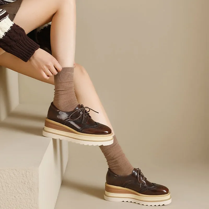 Women Round Toe Lace Up Leather Chunky Brogue Shoes Platform Oxfords in Brown/Red Designer Oxfords
