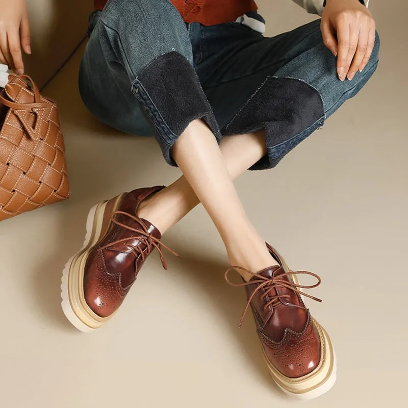 Oxford Brand Women Round Toe Lace Up Leather Chunky Brogue Shoes Platform Oxfords in Brown/Red