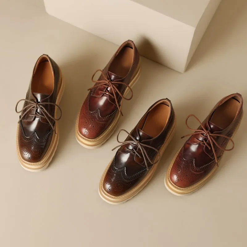 Women Round Toe Lace Up Leather Chunky Brogue Shoes Platform Oxfords in Brown/Red 210d Oxford Material