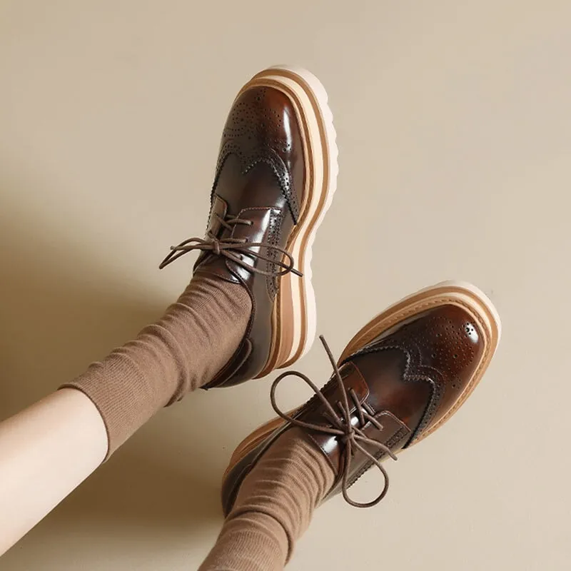 Women Round Toe Lace Up Leather Chunky Brogue Shoes Platform Oxfords in Brown/Red Original Grand Oxford