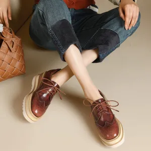 Women Round Toe Lace Up Leather Chunky Brogue Shoes Platform Oxfords in Brown/Red Oxford Style Tap Shoes