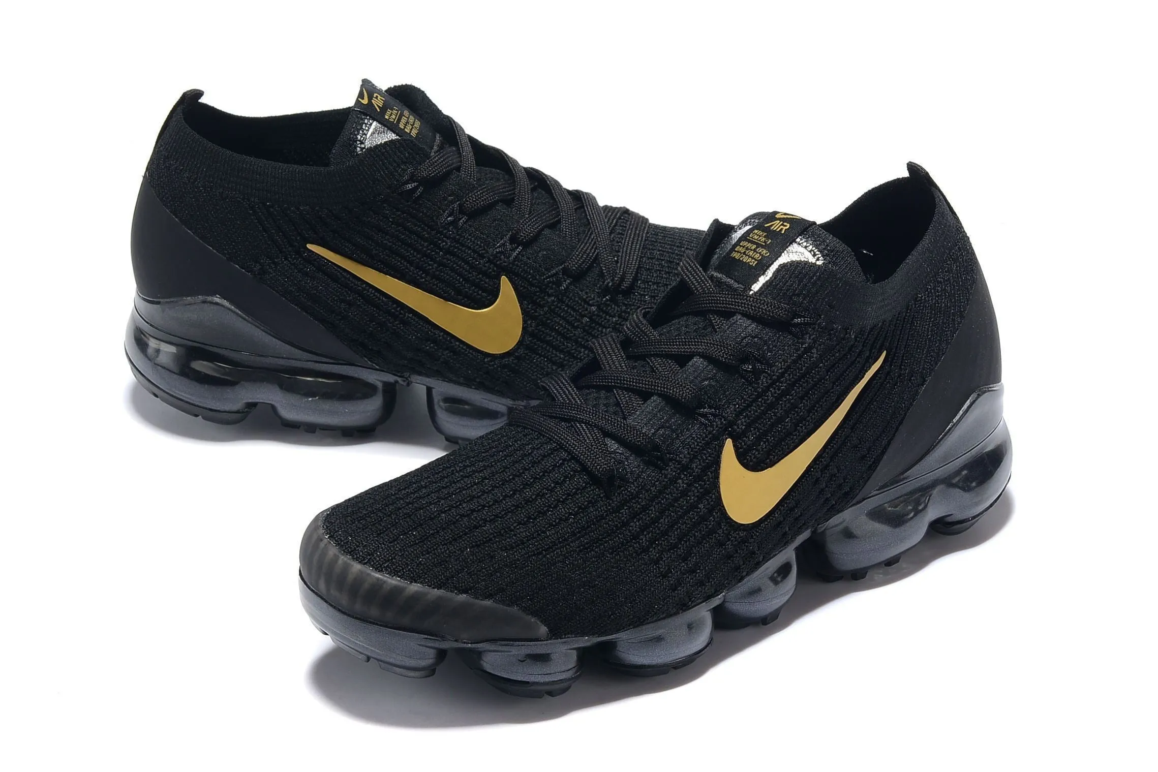 Designer Shoes Sneakers Nike Air Vapormax Flyknit 3 Black Gold White Shoes Sneakers Men !!! CYBER MONDAY SALE !!!