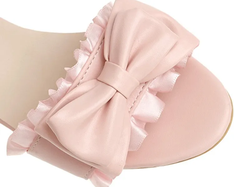 Women's Hollow Out Butterfly Knot Ruffles Block Heel Low Heels Sandals Caribbean