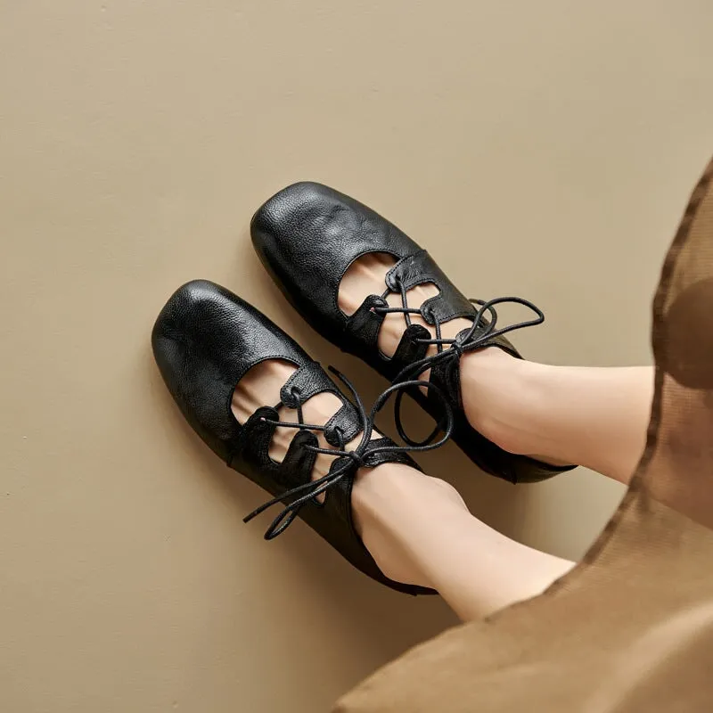 Gary Oxfords Retro Lace Up Sheepskin Shoes For Women Square Toe Flats in Black/Coffee