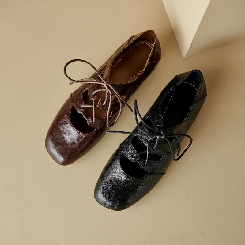 Royal Oxford Retro Lace Up Sheepskin Shoes For Women Square Toe Flats in Black/Coffee