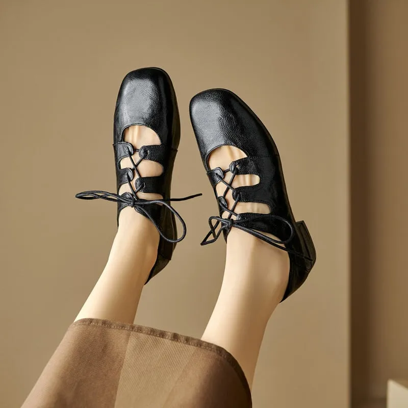 Alligator Oxfords Retro Lace Up Sheepskin Shoes For Women Square Toe Flats in Black/Coffee