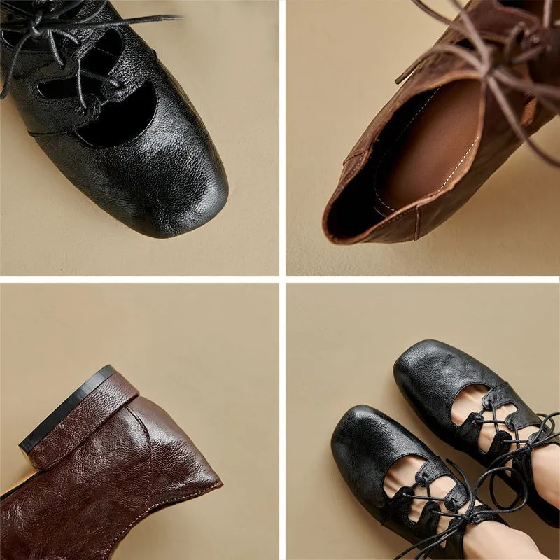 Retro Lace Up Sheepskin Shoes For Women Square Toe Flats in Black/Coffee Modern Classics Wingtip Oxfords