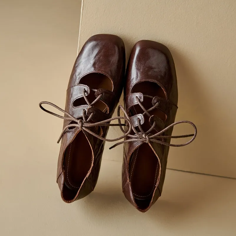 Retro Lace Up Sheepskin Shoes For Women Square Toe Flats in Black/Coffee Colorful Oxfords