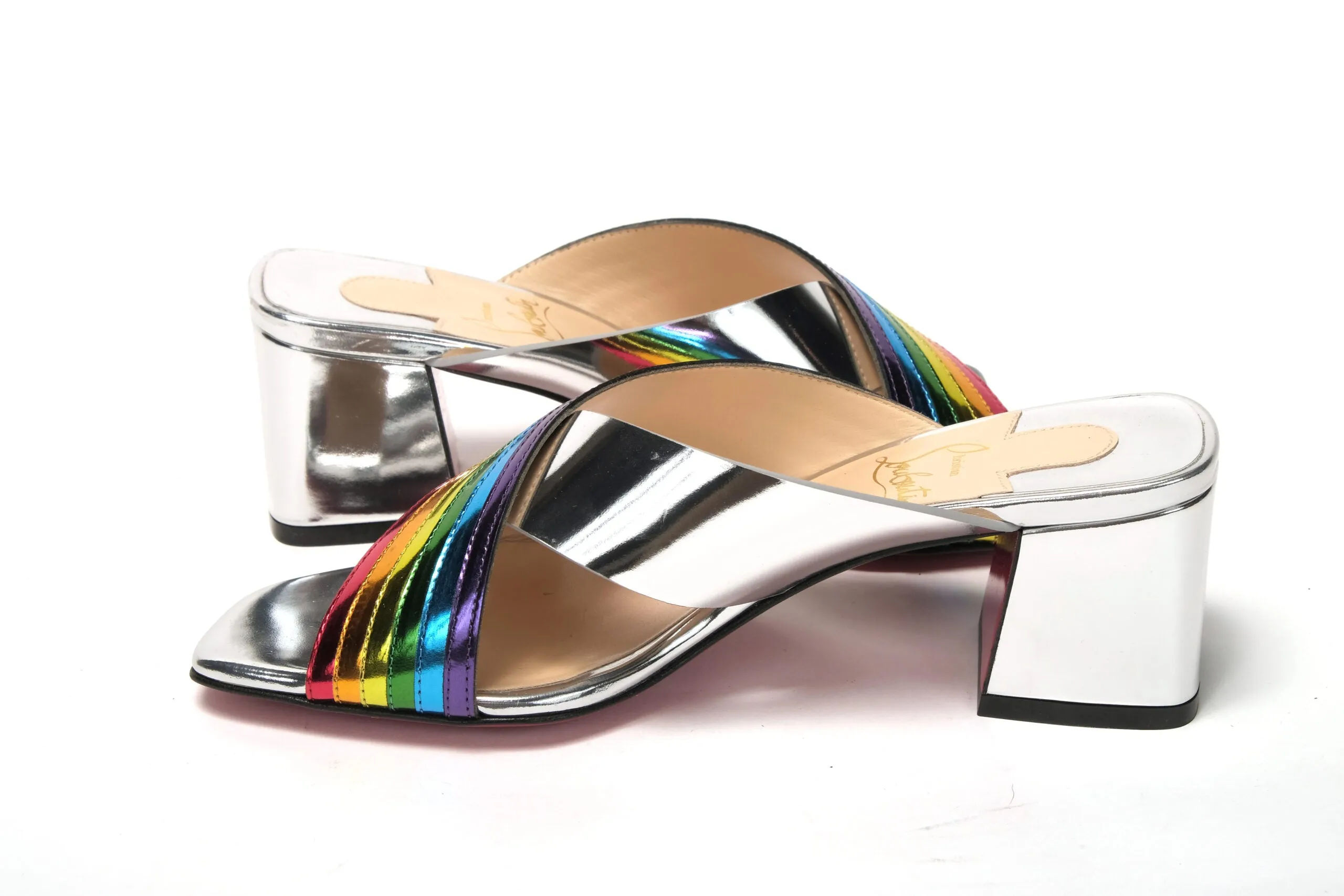 Pointed Flat Shoes With Strap Christian Louboutin Silver Silver And Rainbow Stripe Mule Sandal
