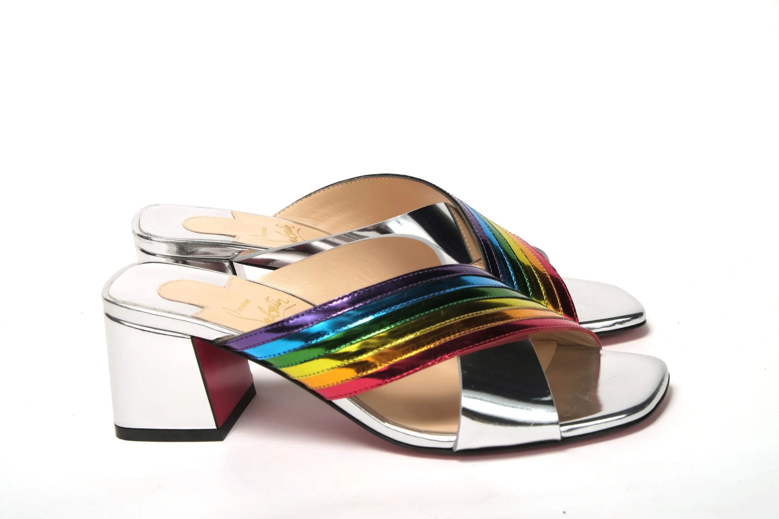 Best Flat Foot Running Shoes Christian Louboutin Silver Silver And Rainbow Stripe Mule Sandal