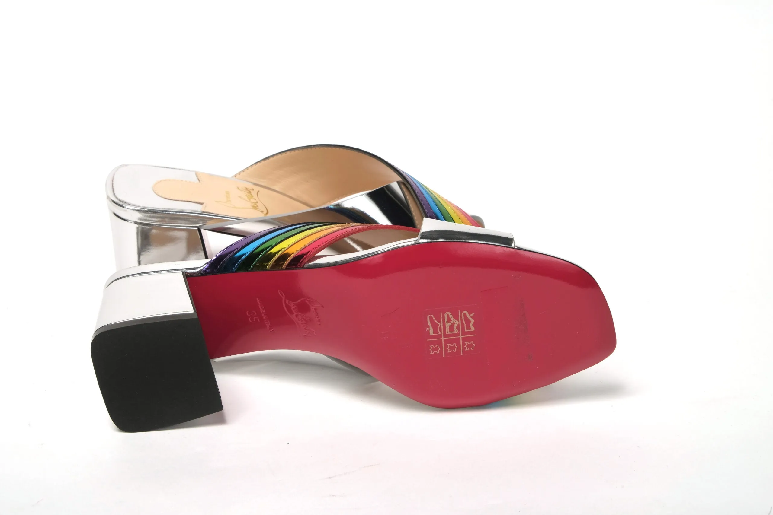 Best Comfortable Shoes For Work Christian Louboutin Silver Silver And Rainbow Stripe Mule Sandal