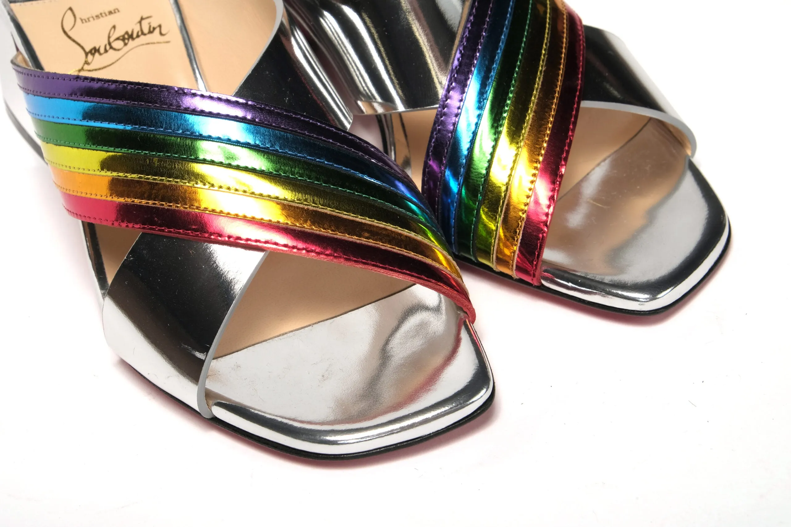 Christian Louboutin Silver Silver And Rainbow Stripe Mule Sandal Flat Shoes To Wear With Formal Dresses