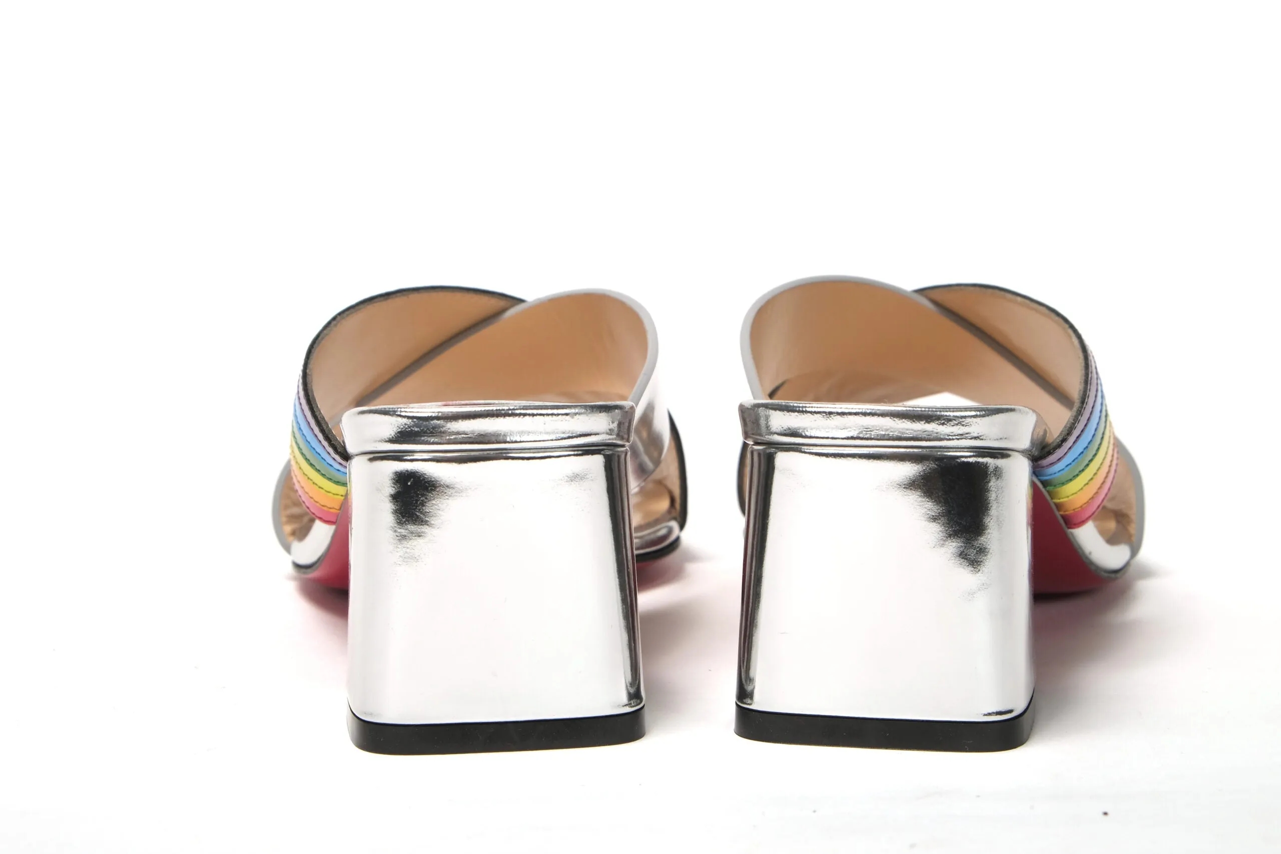 Christian Louboutin Silver Silver And Rainbow Stripe Mule Sandal Flower Print Flat Shoes