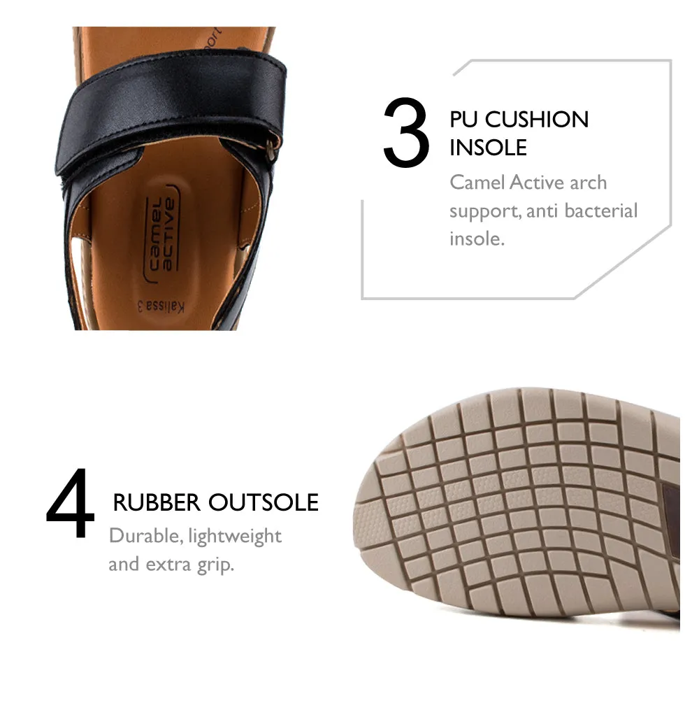 camel active Women Kalissa 3 Velcro-Strap Sandals with slip-on comfort Panel Design Ladies Kalissa 3 -792204-DZ01SV-1-BLACK Active Sandals