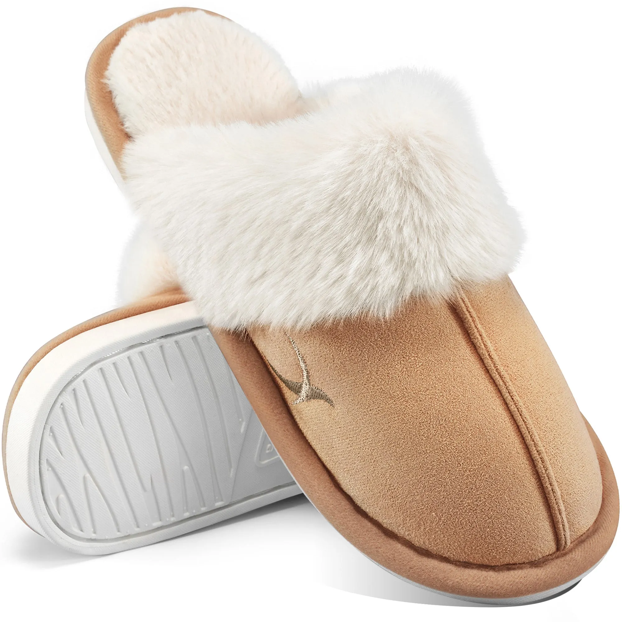 HARENC Women's Comfy Faux Fur Slippers Memory Foam Slip-on House Shoes Family Christmas Slippers