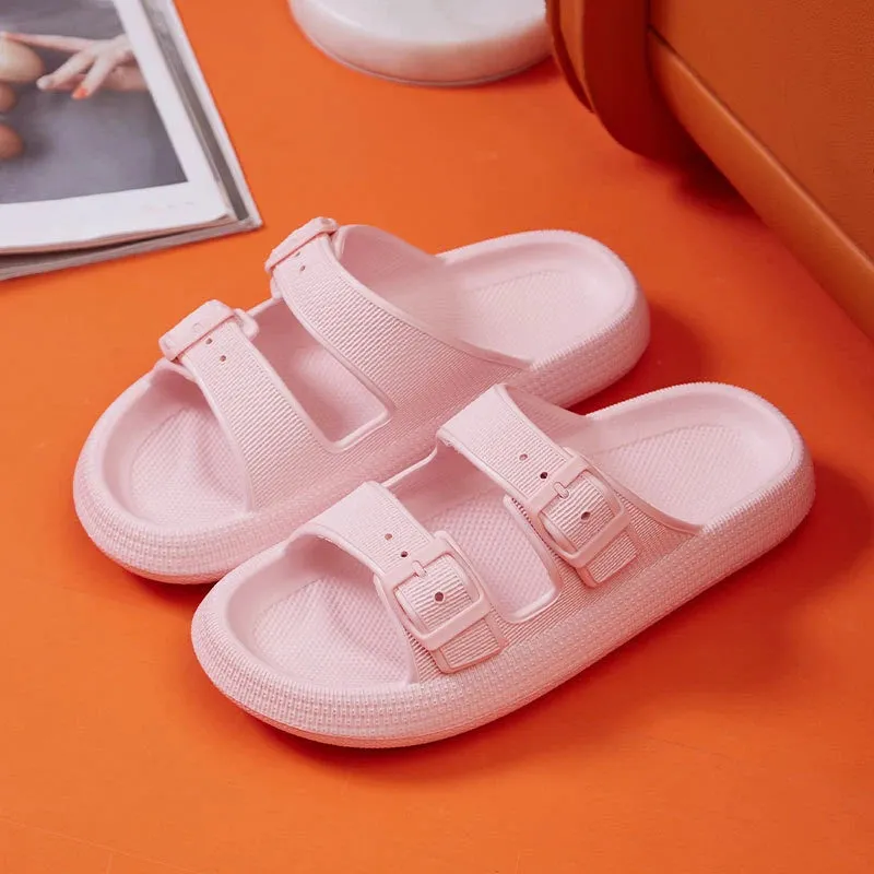 Fur Lined Slippers Thick Platform Cloud Slippers Women Fashion Buckle Soft Sole Pillow Slides Sandals Woman Beach Non-Slip Flip Flops